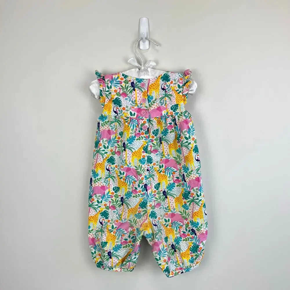 JoJo Maman Bebe Pretty Ruffle Shoulder Sunsuit Tropical Animals 12-18 Months